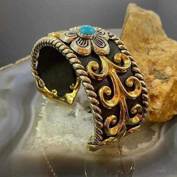 Carolyn Pollack Sterling, Brass, Leather Band 1 Turquoise Bracelet For Women - Picture 4 of 10